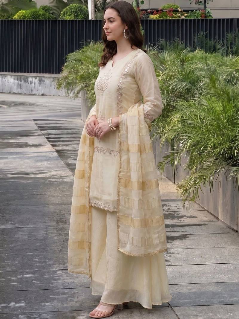 Women Ethnic Motifs Embroidered Regular Thread Work Silk Chiffon Kurta with Palazzos & With Dupatta