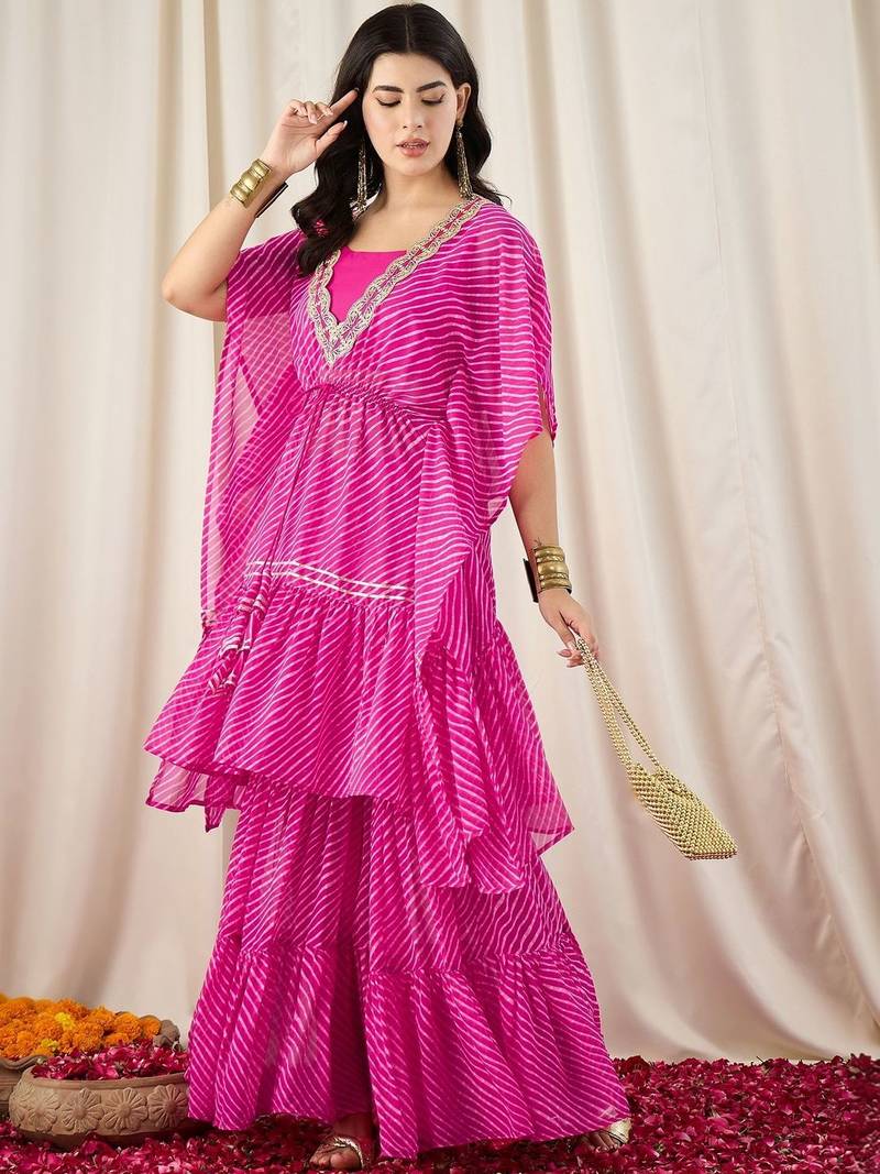 Women Printed Layered Thread Work Kurti with Sharara