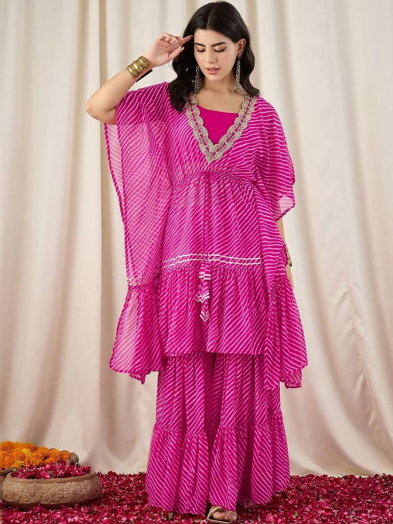 Women Printed Layered Thread Work Kurti with Sharara