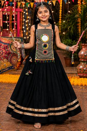 Black fully flared roman silk girls chaniya choli for navratri & garba