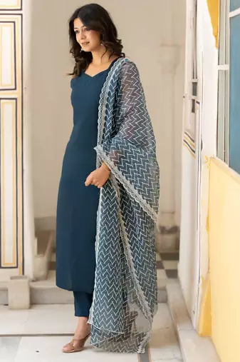 Pure Silk Jacquard Straight Kurta With Trousers & Dupatta