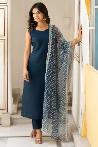 Pure Silk Jacquard Straight Kurta With Trousers & Dupatta