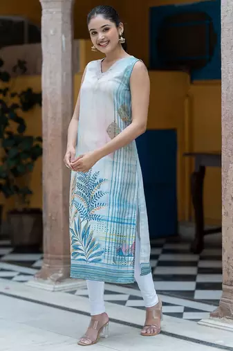 Digital Printed V-Neck Straight Kurta