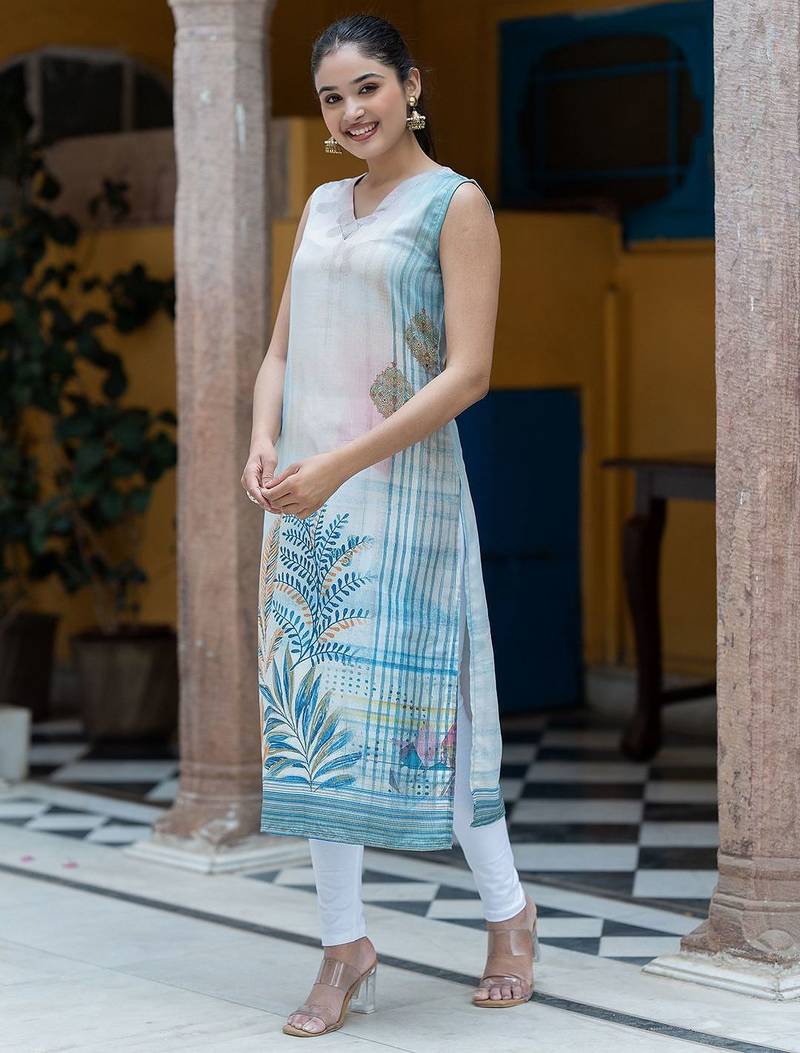 Digital Printed V-Neck Straight Kurta