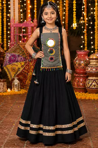 Black fully flared roman silk girls chaniya choli for navratri & garba