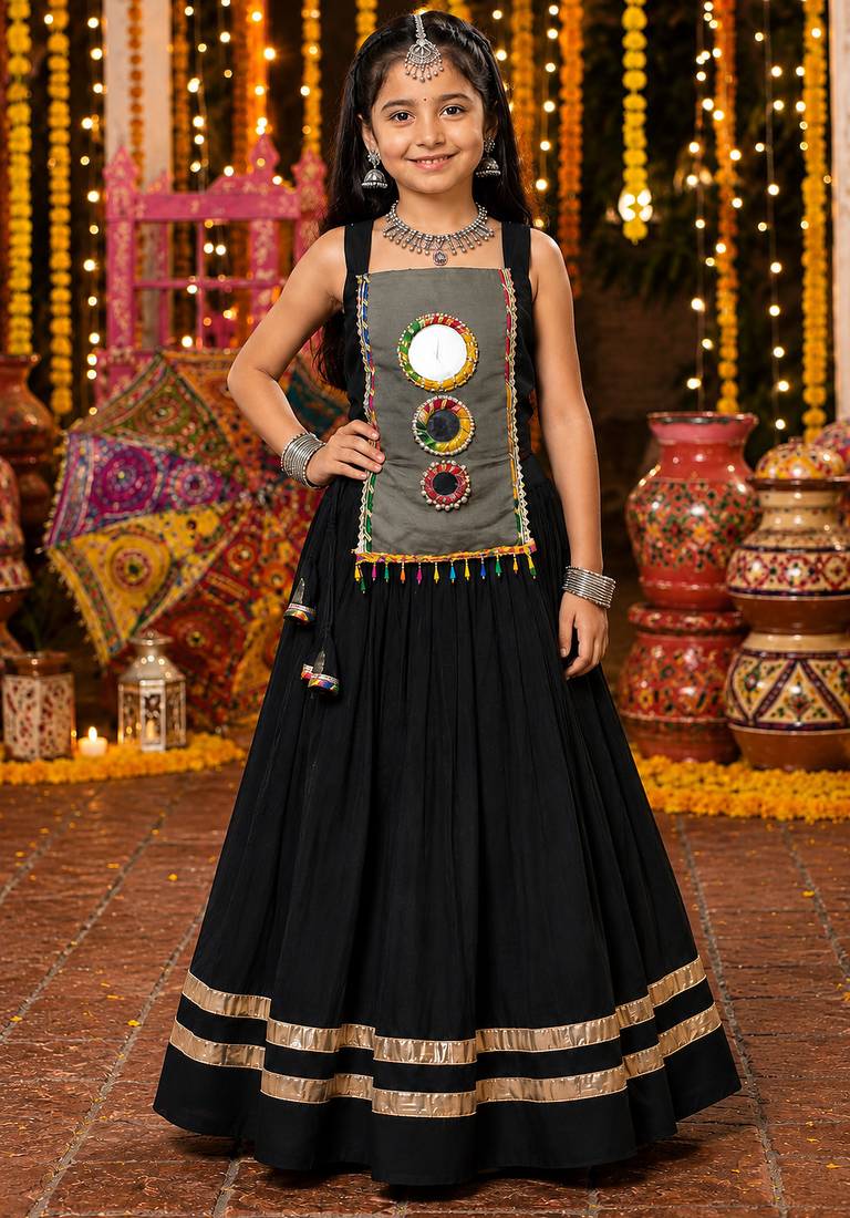 Black fully flared roman silk girls chaniya choli for navratri & garba