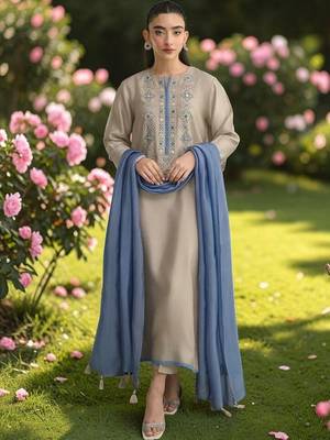 Women Ethnic Motifs Embroidered Regular Mirror Work Chanderi Silk Kurta with Trousers & With Dupatta 1