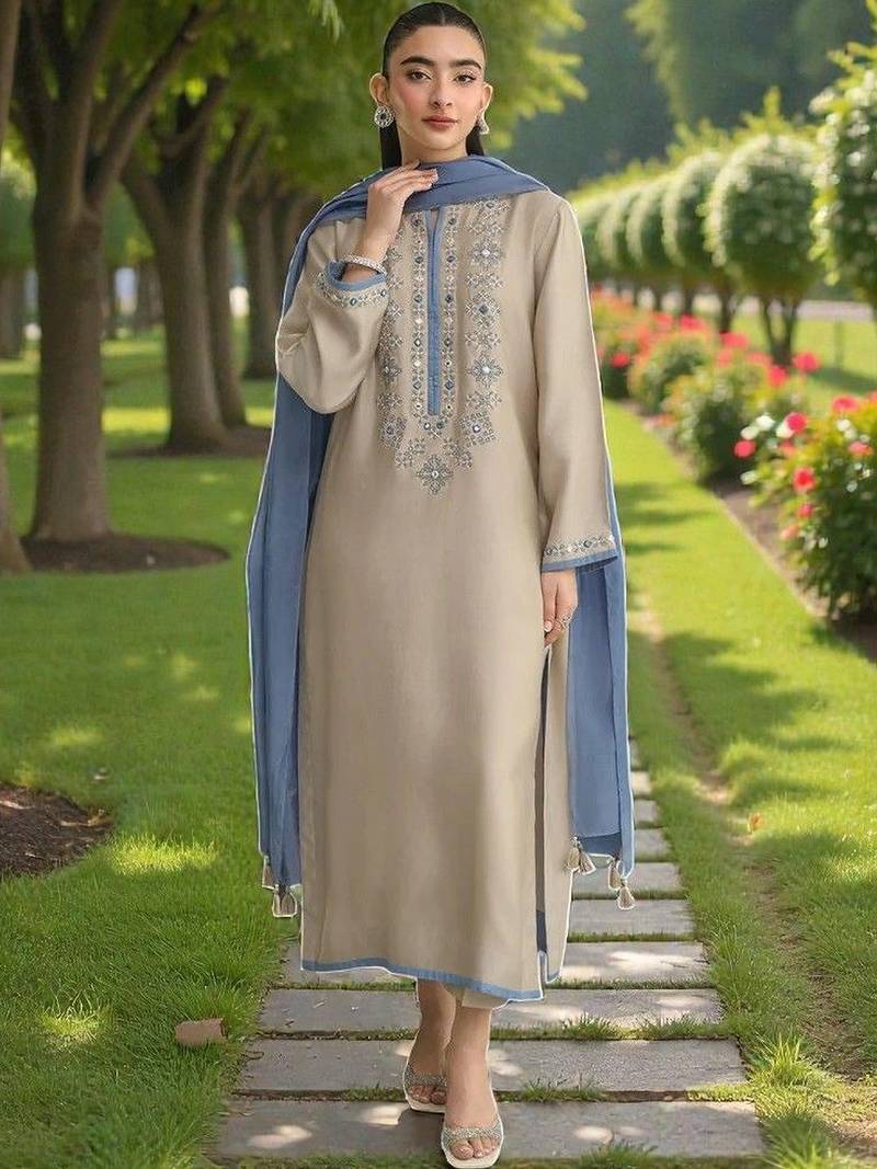 Women Ethnic Motifs Embroidered Regular Mirror Work Chanderi Silk Kurta with Trousers & With Dupatta
