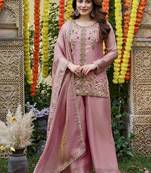 Women Ethnic Motifs Embroidered Regular Thread Work Kurta with Palazzos & With Dupatta