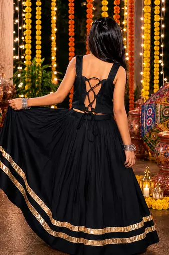 Black fully flared roman silk girls chaniya choli for navratri & garba