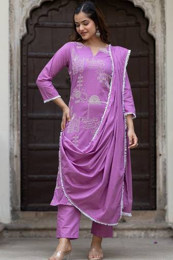 Women Ethnic Motifs Embroidered Regular Pure Cotton Kurta with Trousers & With Dupatta