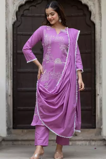 Women Ethnic Motifs Embroidered Regular Pure Cotton Kurta with Trousers & With Dupatta