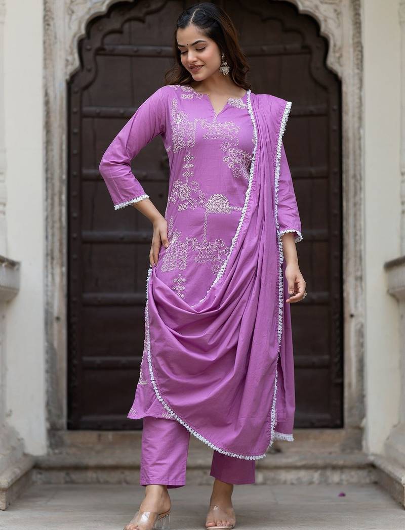 Women Ethnic Motifs Embroidered Regular Pure Cotton Kurta with Trousers & With Dupatta