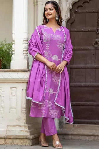 Women Ethnic Motifs Embroidered Regular Pure Cotton Kurta with Trousers & With Dupatta