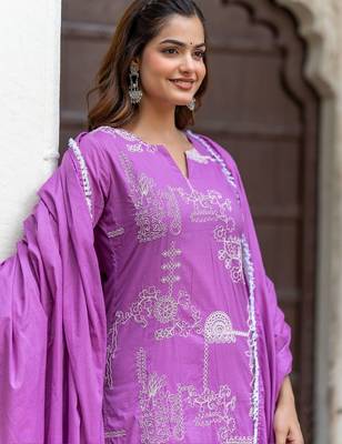 Women Ethnic Motifs Embroidered Regular Pure Cotton Kurta with Trousers & With Dupatta 3