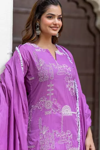 Women Ethnic Motifs Embroidered Regular Pure Cotton Kurta with Trousers & With Dupatta