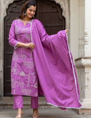 Women Ethnic Motifs Embroidered Regular Pure Cotton Kurta with Trousers & With Dupatta 5