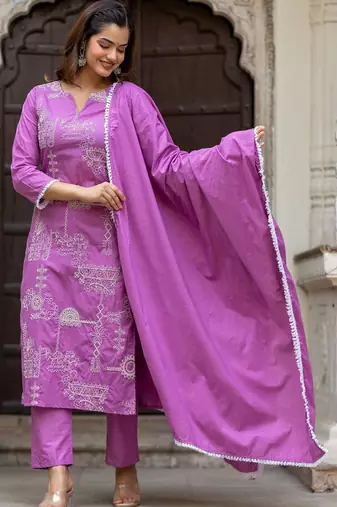 Women Ethnic Motifs Embroidered Regular Pure Cotton Kurta with Trousers & With Dupatta