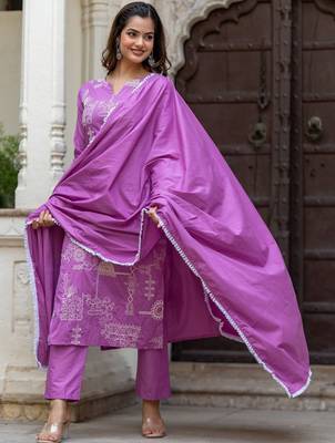 Women Ethnic Motifs Embroidered Regular Pure Cotton Kurta with Trousers & With Dupatta 6