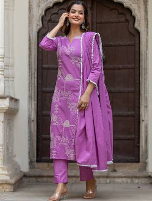 Women Ethnic Motifs Embroidered Regular Pure Cotton Kurta with Trousers & With Dupatta 7