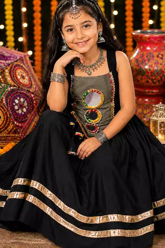Black fully flared roman silk girls chaniya choli for navratri & garba
