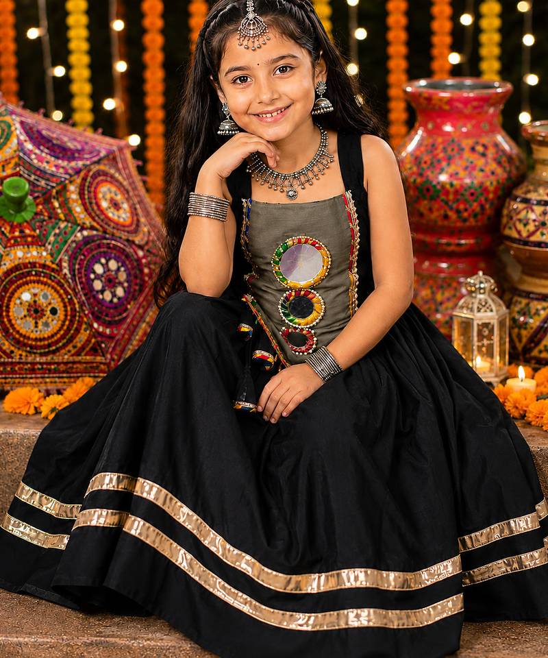 Black fully flared roman silk girls chaniya choli for navratri & garba