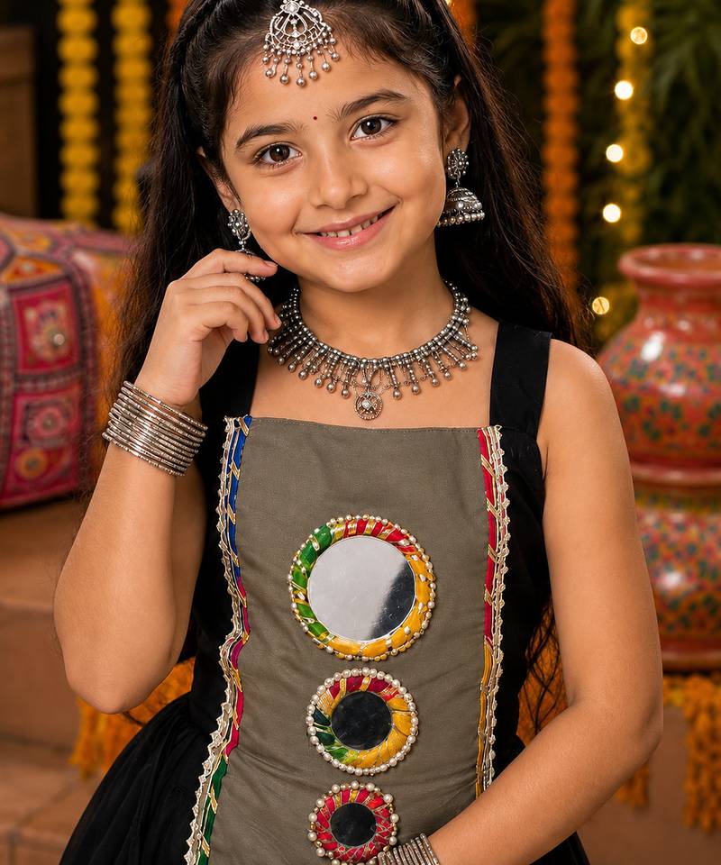 Black fully flared roman silk girls chaniya choli for navratri & garba