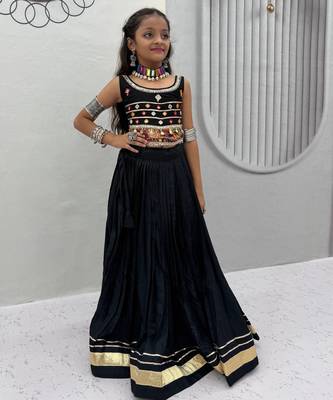Black pure cotton mirror work kids chaniya choli for navratri & garba 1