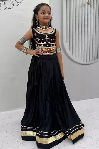 Black pure cotton mirror work kids chaniya choli for navratri & garba