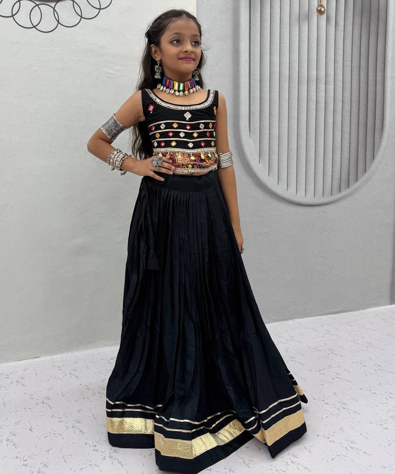 Black pure cotton mirror work kids chaniya choli for navratri & garba