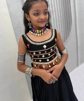 Black pure cotton mirror work kids chaniya choli for navratri & garba 2