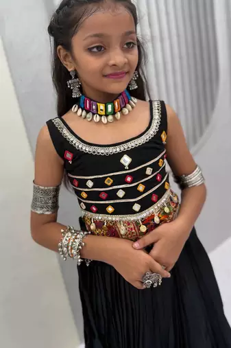 Black pure cotton mirror work kids chaniya choli for navratri & garba