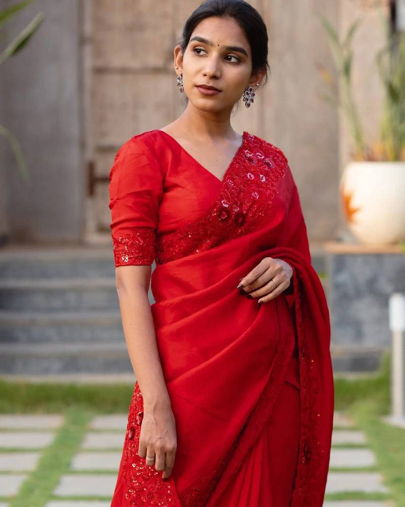 red color sequins embroidery with malti color thread with cutwork border  satin silk blend saree 