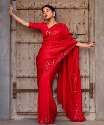 red color sequins embroidery with malti color thread with cutwork border  satin silk blend saree  2