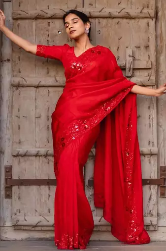 red color sequins embroidery with malti color thread with cutwork border  satin silk blend saree 