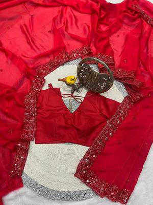 red color sequins embroidery with malti color thread with cutwork border  satin silk blend saree  3