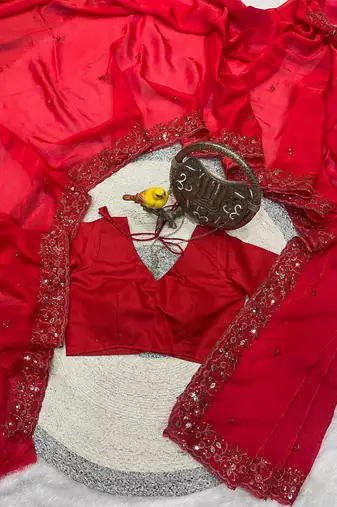 red color sequins embroidery with malti color thread with cutwork border  satin silk blend saree 