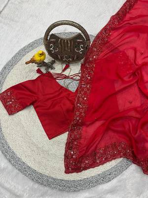 red color sequins embroidery with malti color thread with cutwork border  satin silk blend saree  4