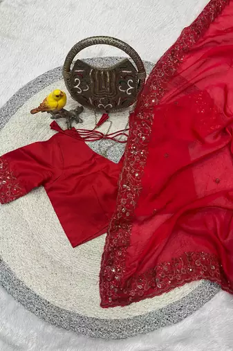 red color sequins embroidery with malti color thread with cutwork border  satin silk blend saree 