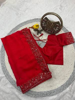 red color sequins embroidery with malti color thread with cutwork border  satin silk blend saree  5