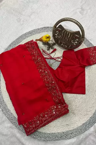 red color sequins embroidery with malti color thread with cutwork border  satin silk blend saree 