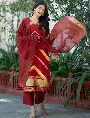 Women Leheriya Dyed Regular Pure Silk Kurta with Trousers & With Dupatta 5