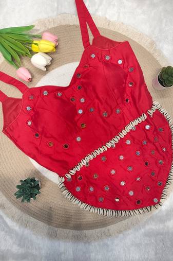 Red navratri rayon silk blend mirror work blouse
