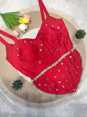 Red navratri rayon silk blend mirror work blouse 2