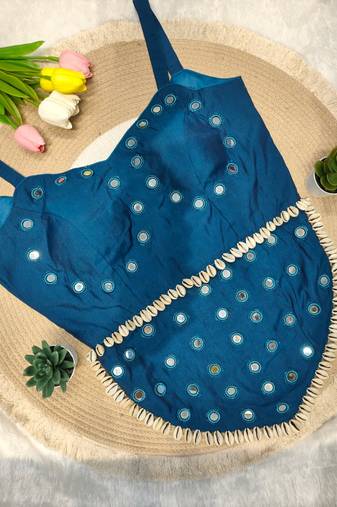 Blue navratri rayon silk blend mirror work blouse