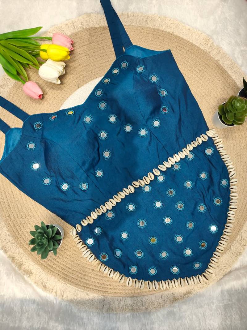 Blue navratri rayon silk blend mirror work blouse