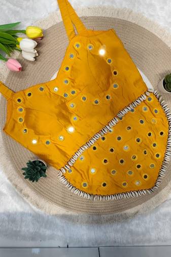 Yellow navratri rayon silk blend mirror work blouse