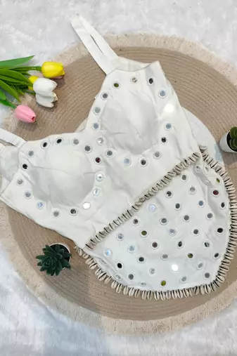 White navratri rayon silk blend mirror work blouse