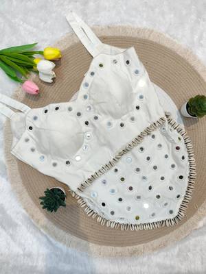 White navratri rayon silk blend mirror work blouse 2