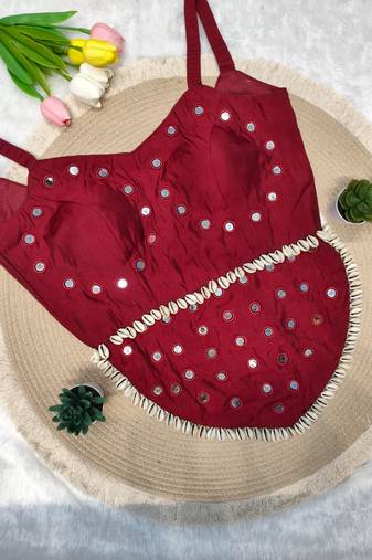 Wine navratri rayon silk blend mirror work blouse